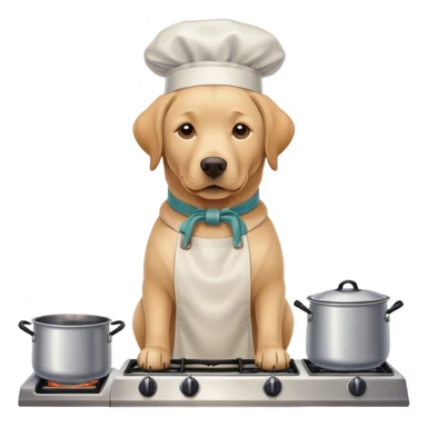 Handsome Labrador Retriever with apron standing over a hot stove with boiling pots  sticker