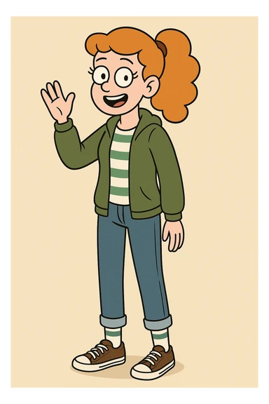 A girl Orange curly ponytail white green stripes ddre sshair jacket jeans blue sports striped socks brown converse women's chuck taylor all star shoreline slip on casual shoe wave and say hello sticker