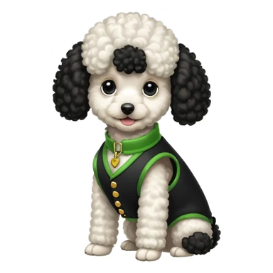 Caniche blanca con chaleco negro coN verde sticker