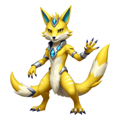 Modern anthropomorphic furry futuristic shiny colorful Lombax-Zeraora-Renamon-fusion (full body) sticker