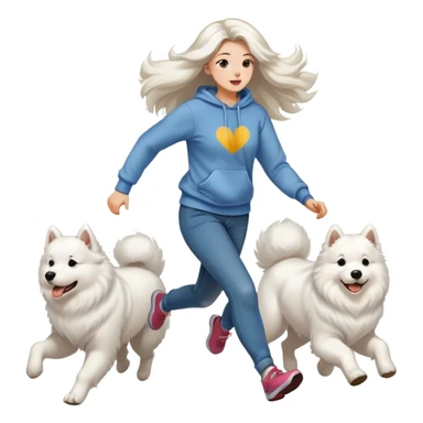 A beautiful girl with long hair wearing a sweatshirt and jeans is running with a Samoyed sticker