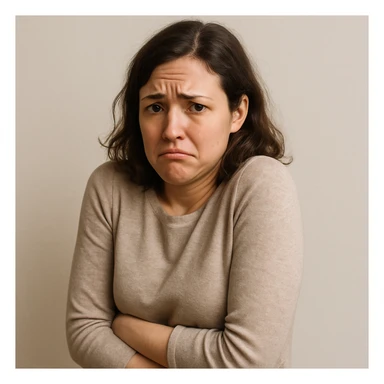 a woman shrinking back, arms close to body, hesitant expression, looking uncomfortable, representing no confidence, simple background sticker