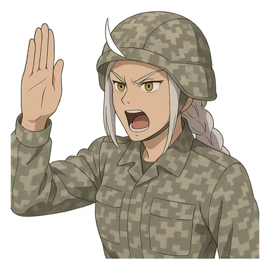 Style of Anime, 1 female, gold yellow eyes, white hair lavender tips, locks in front, mohawk, long white braid, she is a drill sergeant at work, focused facial expression, shouting command, eyes looking down in front of her, a blade hand  vertical palm gesture "to the forward" direction, uniform of gray large scale digital camo. her head is covered with a PAGS style wrapped ballistic helmet sticker