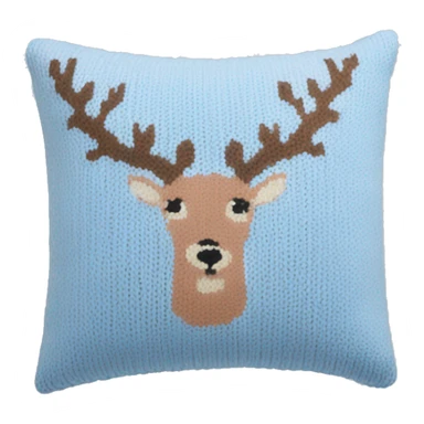 pastel blue knitted pillow with deer print sticker