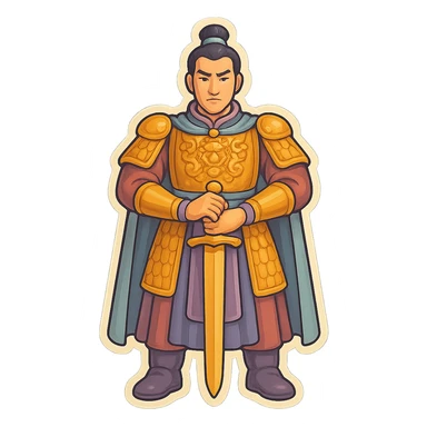 Make a full-length general with normal leg proportions, facing forward as in the reference. Use retro sticker style with high detail, pronounced shadows and highlights, clean lines, soft rounded shapes, and a pastel palette including #98B5BC, #B5B3C1, #C9A3C9, #E4C0CA, #F7DCD1, #F7C0AA. Transparent background. sticker