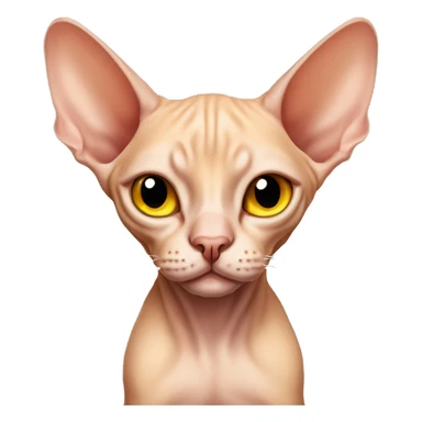 peach-colored Sphynx cat with yellow eyes and a big belly sticker