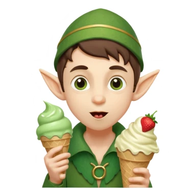 
A young elf boy in leafy clothes licking a triple-scoop ice cream with wide eyes.

 sticker