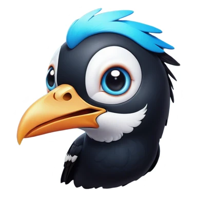 Cinematic Comical Magpie Portrait Emoji, Head tilted dramatically with an exaggeratedly shocked expression, featuring a vibrant, glossy form with wide, comically expressive eyes full of playful disbelief and a subtly animated beak, Simplified yet hilariously expressive features, highly detailed, glowing with a slightly sassy urban glow, high shine, dramatic yet playful, stylized with an air of cheeky mischief, soft glowing outline, capturing the essence of a meme-worthy magpie that looks ready to side-eye its way into viral fame! sticker