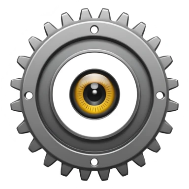 Minimalist emoji-style sticker of a mechanical gear with a realistic eye in the center. Flat graphic icon in grayscale. sticker