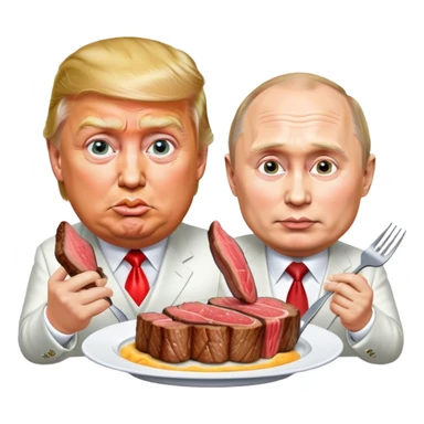 photorealistic Donald Trump and Putin eating a steak shaped like an piece of landemoji sticker