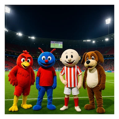 A vibrant night photo of a modern soccer stadium with bright lights illuminating a green grass field. Five mascots in colorful costumes stand in a row: a red and white mascot on the left, a blue and red mascot in the center, a white and red striped mascot next to it, and a brown and white mascot on the far right. The stadium has empty red seats, a large screen showing a soccer match, a visible crowd in the distance, and a fun, casual sports event atmosphere under a night sky. sticker