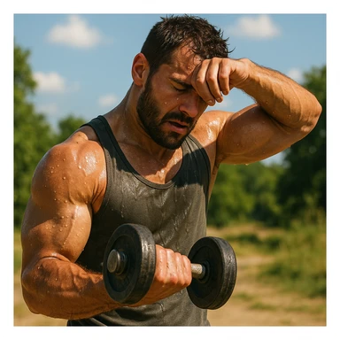 uomo fitness che si allena in estate, tutto sudato, con una mano fa un curl manubri mentre con l'altra mano si asciuga il sudore dalla fronte, espressione affaticata in volto sticker