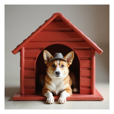 realistic red dog house with a Corgi dog inside, Corgi with a hat, photorealistic style sticker