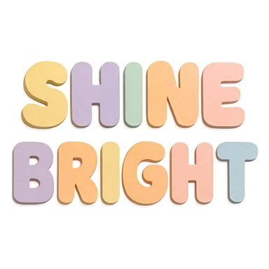 "Shine Bright" soft pastel rainbow soft puffy letters, kawaii sticker text, no border, transparent background sticker