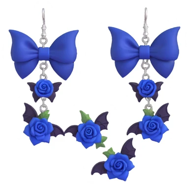 gothic earrings with midnight blue velvet bows, silver bat charms, deep blue rose accents, dramatic and gothic sticker