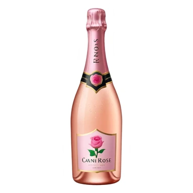 bottle of sparkling rosé champagne with a rose logo on the label, tilted up and to the left, no glass sticker