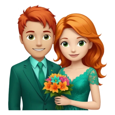  The man, with red hair, wears a dark green suit with a green tie and an orange boutonnière. The woman, with blonde hair, wears a turquoise ballgown with lace details and holds a colorful tropical bouquet. They smile at each other.  sticker