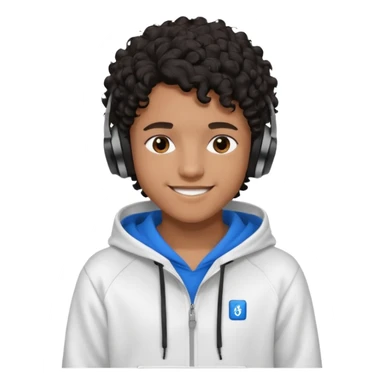 Faça um garoto adolescente de cabelo cacheado preto médio sorrindo, com fones de ouvido Bluetooth e um moletom branco sticker