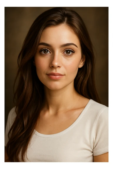 charming girl, white top, long brown hair, prominent eyelashes, pretty, portrait, detailed, beautiful lighting sticker