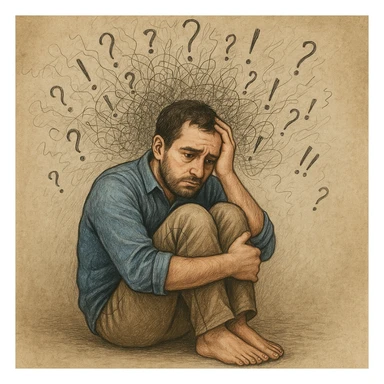 Realistic or illustrative style image of a 30-year-old man suffering from anxiety, inspired by the reference image. The man is sitting with knees to chest and a worried expression. The background features symbols of anxiety and stress, conveying an atmosphere of mental tension. sticker