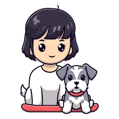 Girl with short black hair and bangs holding a white schnauzer dog sticker