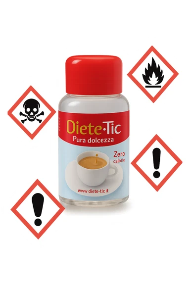 BOCCETTA DI DOLCIFICANTE LIQUIDO CON LA SCRITTA "DIETE-TIC" SULL'ETICHETTA FLUTTUA IN ARIA INSIEME A SEGNALI DI PERICOLO 3D sticker