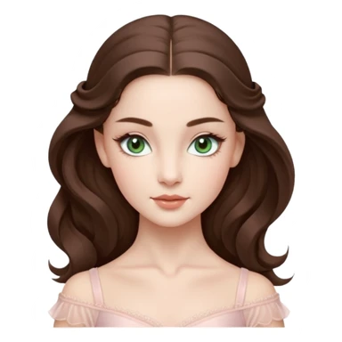Cinema Realistic Ballerina Portrait, with porcelain-like skin featuring a natural rosy flush, illuminated by soft lighting that highlights the gentle contours of her face. Her Brunette hair flows in soft.Her deep green light eyes radiate framed by arched brows and long lashes. sticker