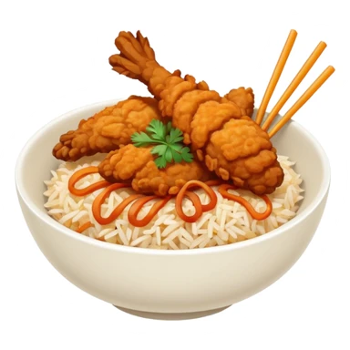 iOS-style minimal food emoji of a rice bowl with crispy fried chicken tenders, fried onions, sweet-and-sour sauce, and parsley garnish, smooth shapes, vibrant natural colors, clean vector-like rendering, transparent background. sticker