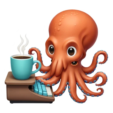 A cute chibi octopus sitting at a tiny desk, typing on a miniature keyboard with all eight arms while sipping coffee from a giant mug. Vibrant pastel colors, rounded edges, extremely expressive, sticker-style, transparent background. sticker