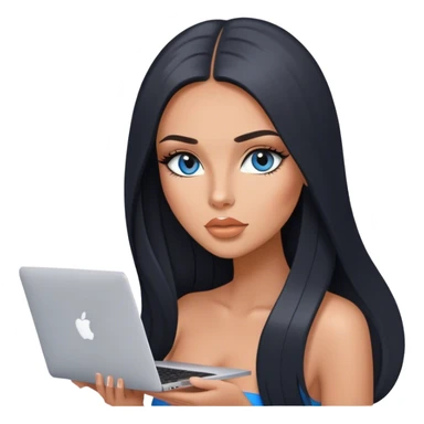 Glamours tanned very beautiful girl with pump peach nude lips and black straight smooth long hair, blue-grey eyes with MacBook sticker