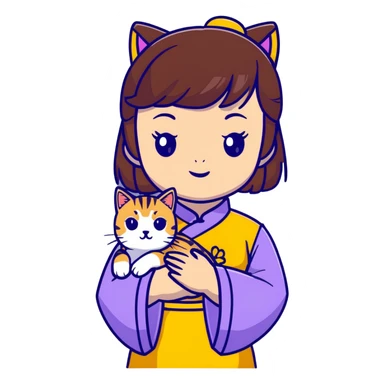 girl with brown hair and bangs wearing yellow qipao with gray tabby cat sticker