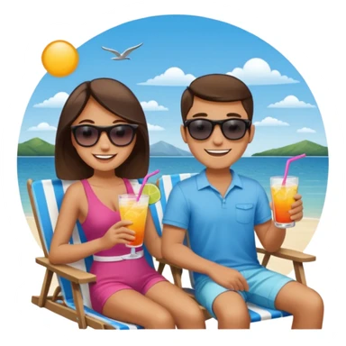 Use this image to design the faces of a young man and woman sitting in beach chairs talking with drinks in their hands on a lake dock  sticker
