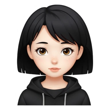 Cute anime girl in dark tones with a blushing face and freckles, with short black hair, and a dark trend style sticker