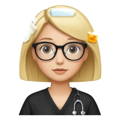 A girl in black scrubs with a blonde bob and glasses sticker