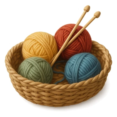 cozy basket of yarn and knitting needles, soft and inviting sticker