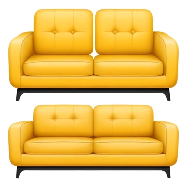 Minimalistic flat vector icon, iOS style, thin black contour on white background. Yellow sofa divided into two halves: one side old, shabby and worn out, the other side new and modern. Clean, no text, no shadows sticker