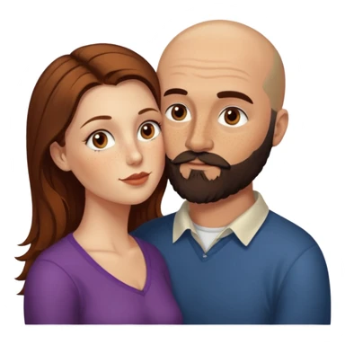 Couple. Bald man with dark brown-black beard. White woman with many small, faded freckles, she has white skin and she has auburn-brown-cinnamon, dark long hair. She has light brown eyes. The man have hazel eyes. Retro style. She kisses him on the cheek. sticker
