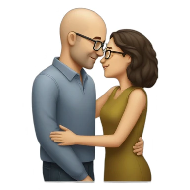 dark brown haired woman kissing bald man with glasses sticker