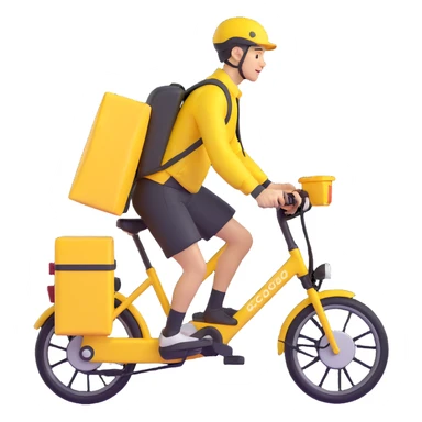 A courier on a yellow electric bike, wearing yellow and black clothes rides from left to right. On his back is a yellow food delivery bag. sticker