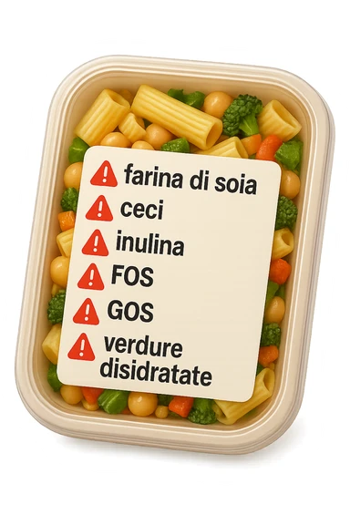 SU QUESTO STILE FAI UN EMOJI STILE IPHONE 3D DI UN insalata di pasta precotta preconfezionata con ETICHETTA CON GLI INGREDIENTI SCRITTI, "farina di soia, ceci, inulina, FOS, GOS, verdure disidratate" accanto ad ogni nome scritto mettici un segnale di allarme, FALLO MOLTO REALISTICO IN 3D sticker