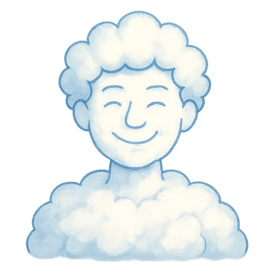 bright and recognizable person from shoulders, front view, composed of cloud-like shapes, no text sticker