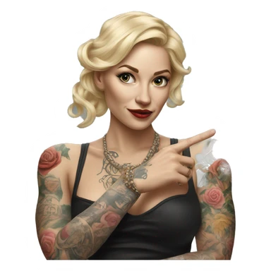 Blonde elegant women, her Body Covered with Tattoos, POINTING to YOU FORWARD with her ONE HAND , Hyper realistic sticker