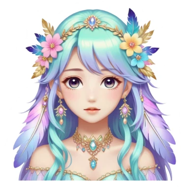 Beautiful gorgeous anime lady with beautiful iridescent-special-hair, fashion aesthetic, ethereal, fairycore, pastelcore, feather, flower, gems, accessories, jewelries, gold, colorful sticker