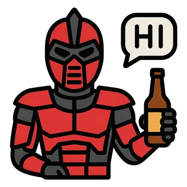 Sector from Mortal Kombat, cybernetic ninja in red armor, holding a beer bottle, relaxed stance, speech bubble saying 'HI' sticker