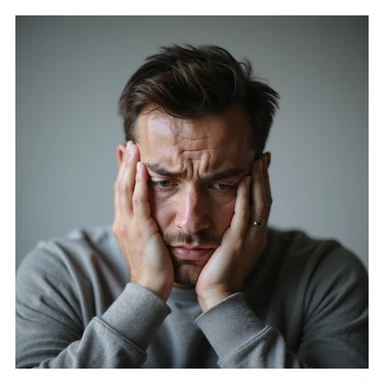 realistic 30-year-old man suffering intense anxiety, sweat on forehead, hands nervously clasped, glossy eyes, minimalist background sticker