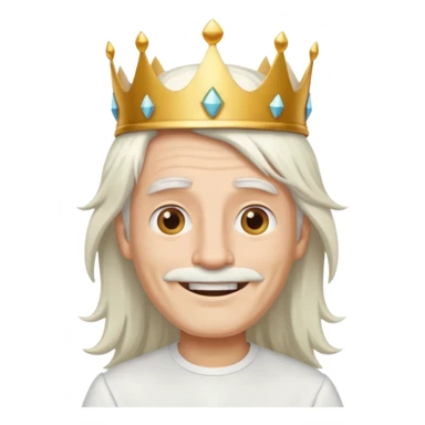 a smiling man with long white hair and has no beard wearing a white smart shirt and a crown sticker