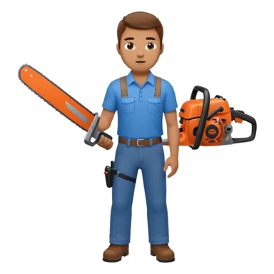 A man with a blue shirt and brown pants holds a chainsaw and a shotgun  sticker