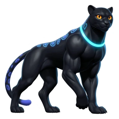 Realistic Obsidian-pitch-black fur body with neon-glowing-blue ring-markings Grem2-Gremz-serval-panther-Sergal-fusion, full body  sticker