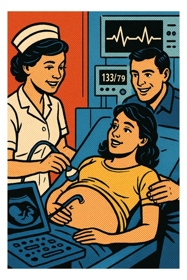 A nurse giving a pregnant young woman an ultrasound scan in a modern hospital with her husband by her side and in the background heart rate monitors and blood pressure sticker