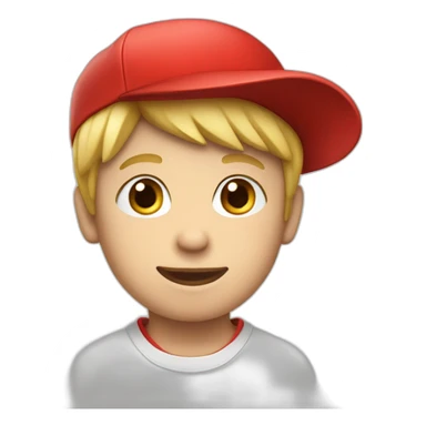 A blonde boy wearing a red cap that has the letter S on it  sticker